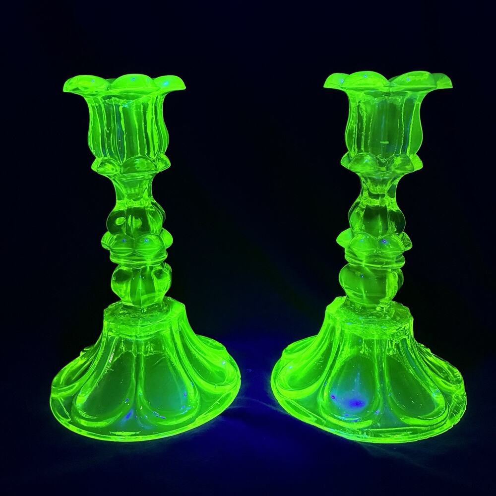 2 Antique Boston & Sandwich Vaseline Uranium Candlestick Holder Petal Loop READ